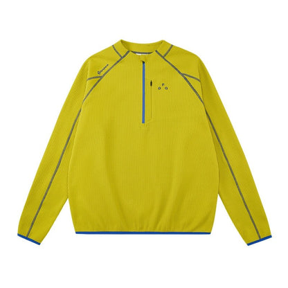 Men's women's UPF 50+ sun protection top - mustard yellow quarter zip pullover  blue piping premium knit activewear