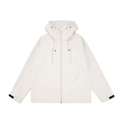 Men's women's white waterproof jacket - hooded lightweight packable raincoat for travel commute
