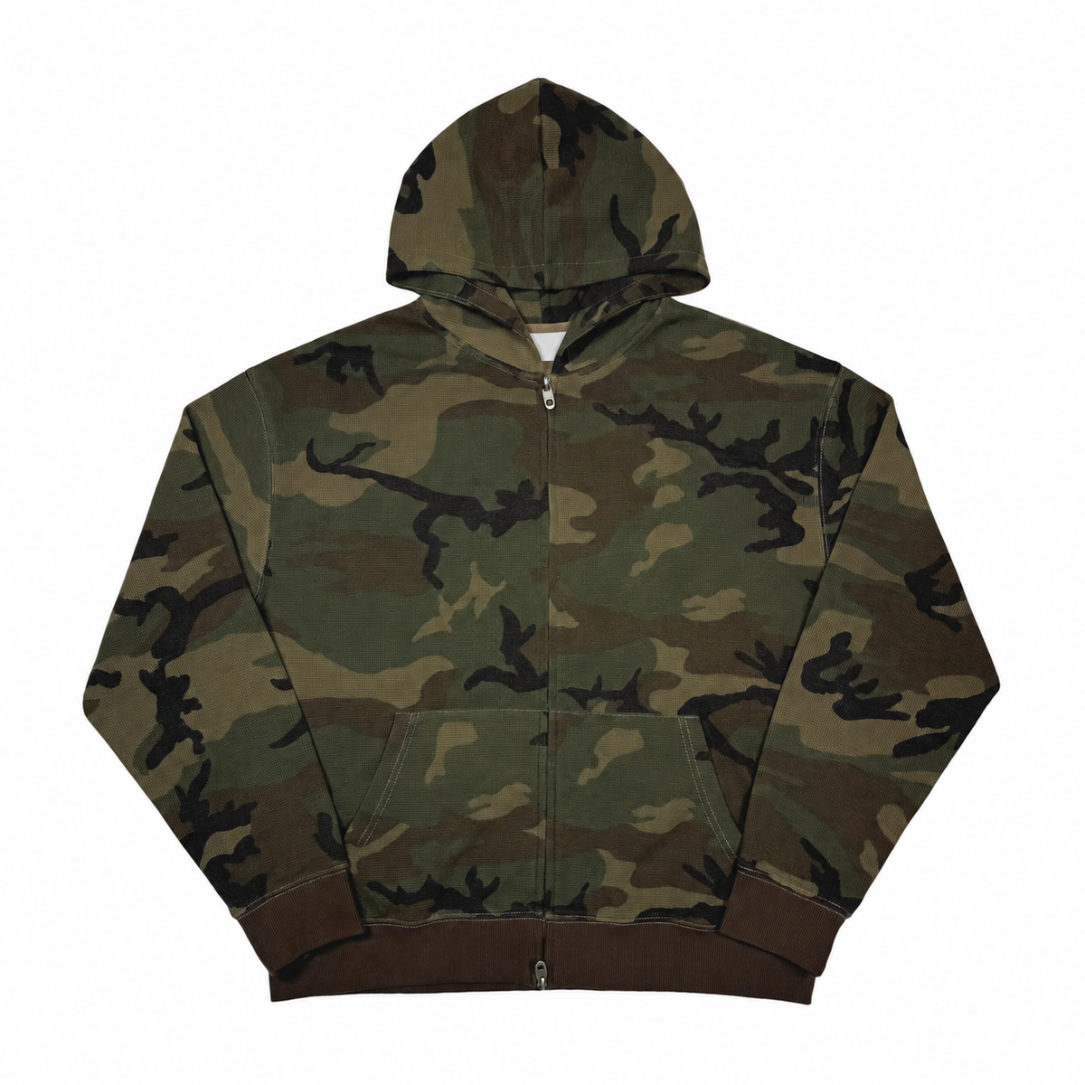 Men's camouflage waffle-textured zip hoodie with brown ribbed cuffs and hem