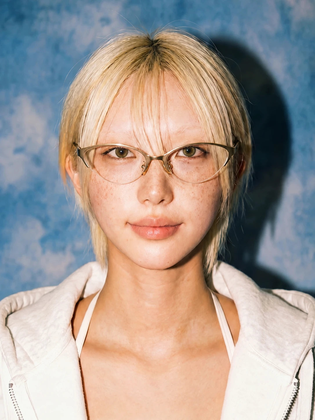 Model wearing gold-tone metal cat-eye glasses, front view