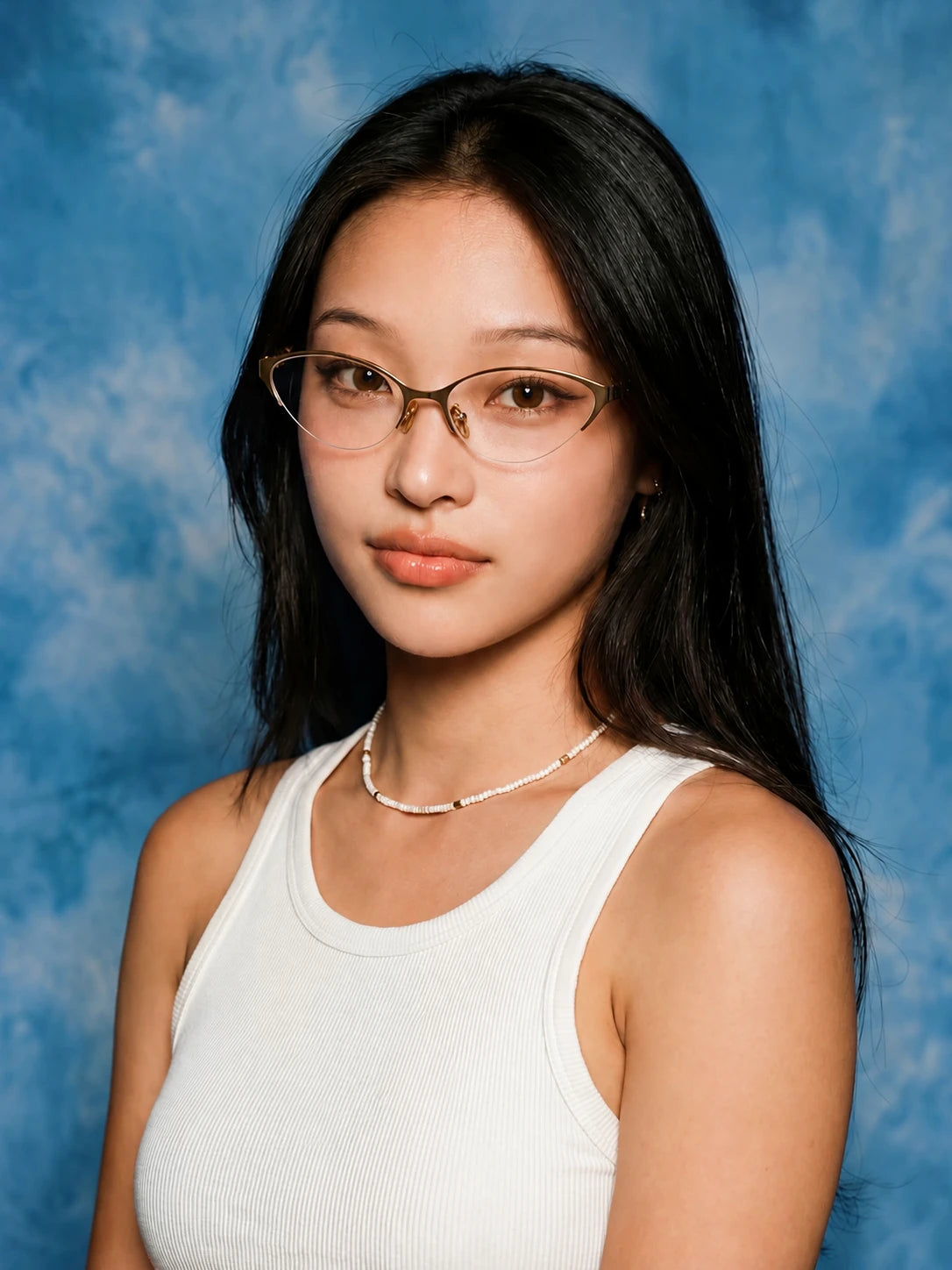 Model wearing gold-tone metal cat-eye glasses with a white top, three-quarter view