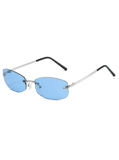 Lunettes de soleil rectangulaires sans monture en métal — coloris bleu ; détails de la monture et des verres