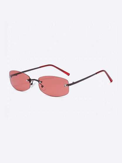 Lunettes de soleil rectangulaires sans monture en métal — coloris rouge ; détails de la monture et des verres