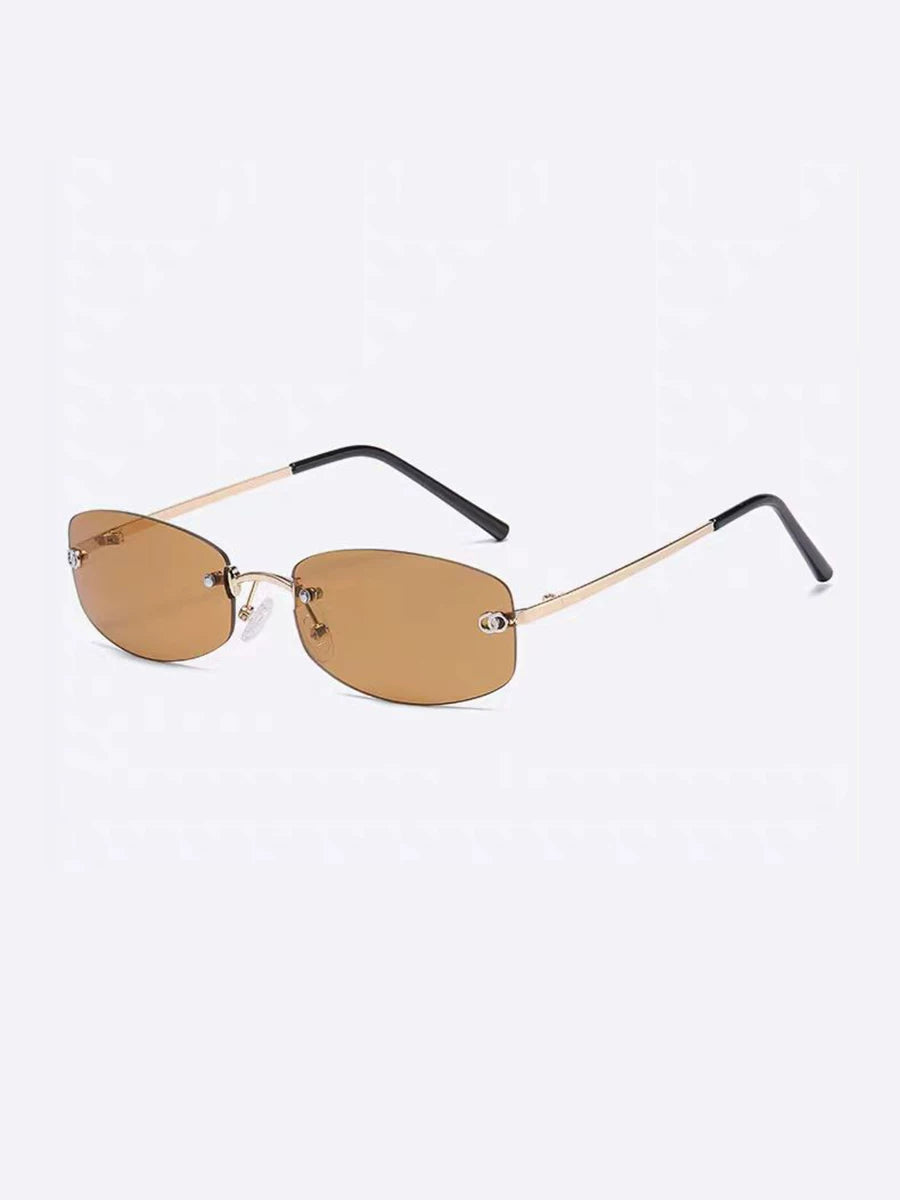 Lunettes de soleil rectangulaires sans monture en métal — coloris marron ; détails de la monture et des verres