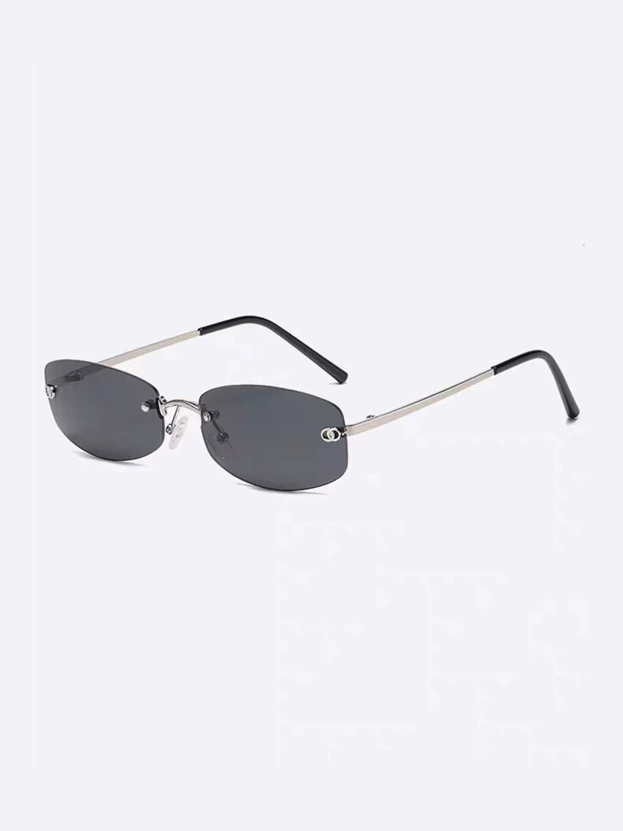 Lunettes de soleil rectangulaires sans monture en métal — coloris noir ; détails de la monture et des verres