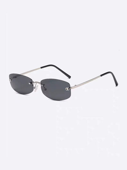 Lunettes de soleil rectangulaires sans monture en métal — coloris noir ; détails de la monture et des verres