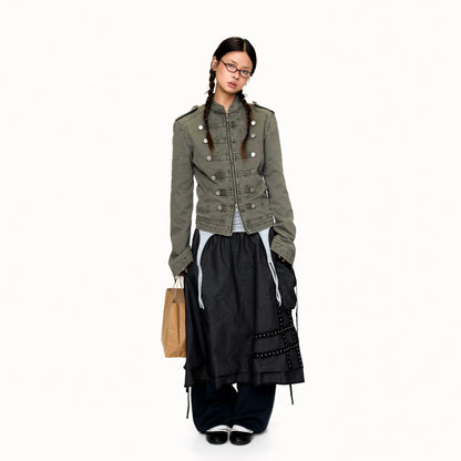 Military green cropped denim jacket full look