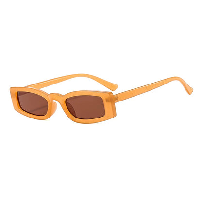 Schmale rechteckige Sonnenbrille — Farben: orange, braun ; Rahmen- und Glasdetails