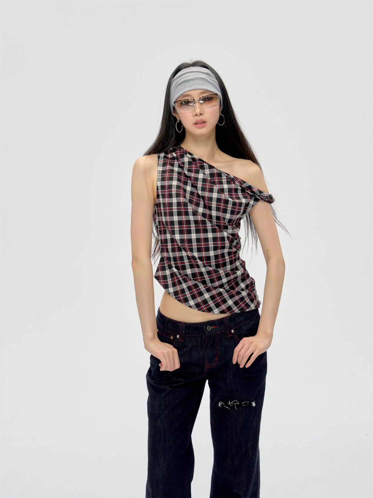 Off-Shoulder Plaid Top