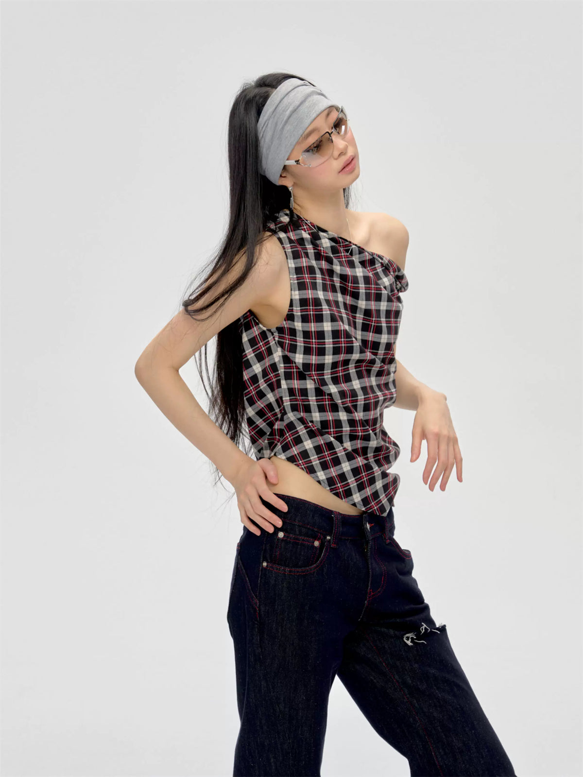Off-Shoulder Plaid Top