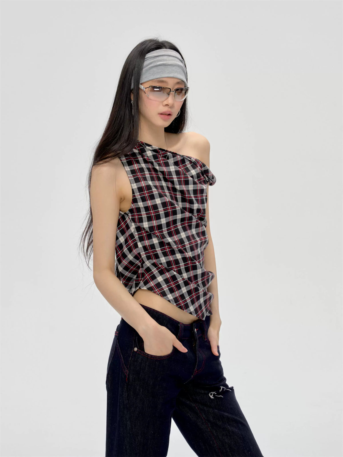 Off-Shoulder Plaid Top