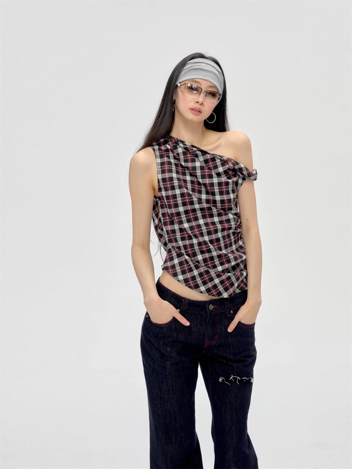 Off-Shoulder Plaid Top