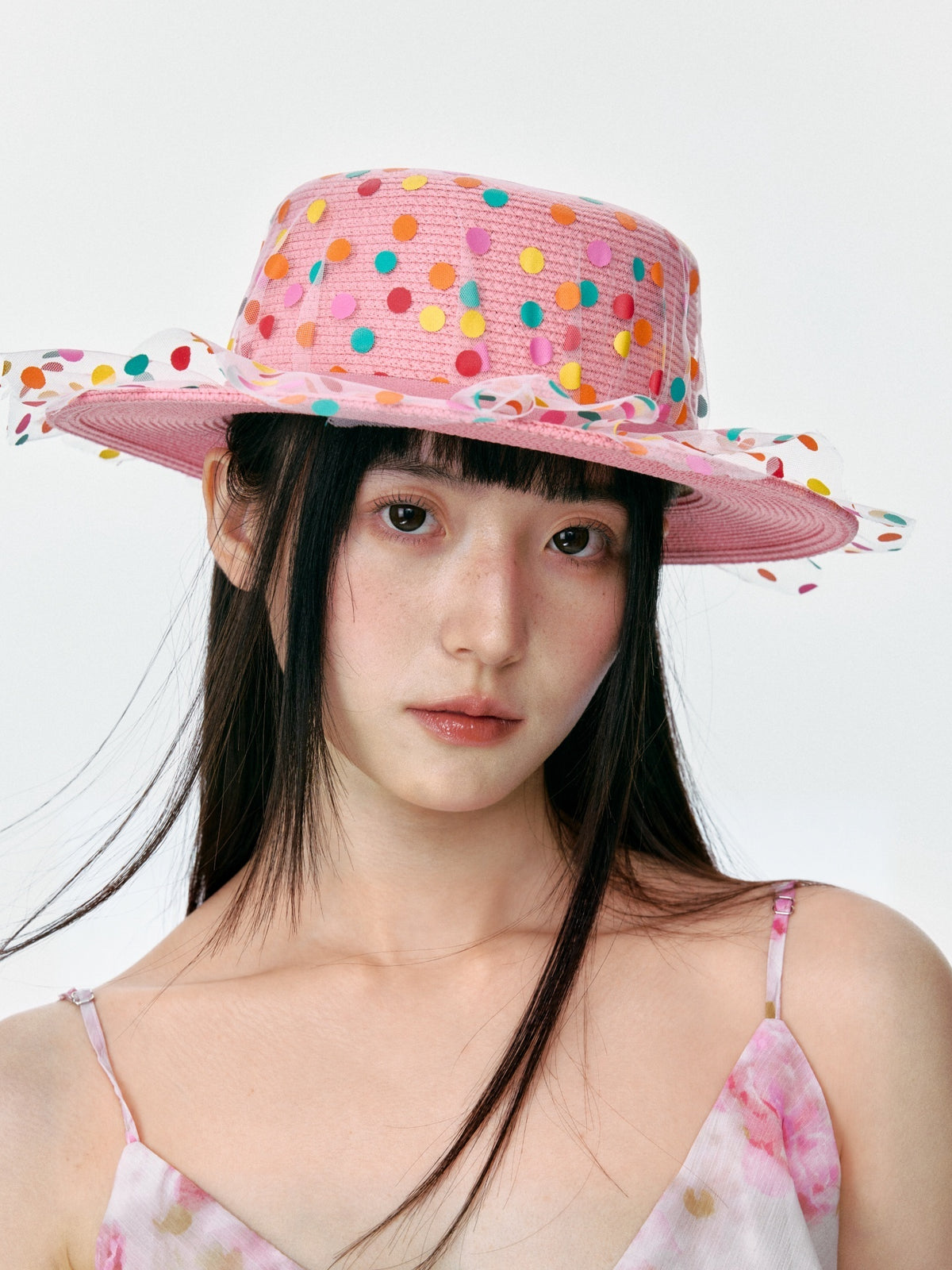 Pink Polka Dot Mesh Sun Hat product view