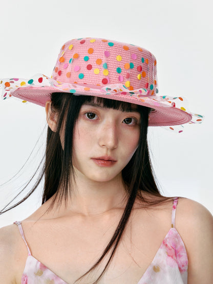 Pink Polka Dot Mesh Sun Hat product view