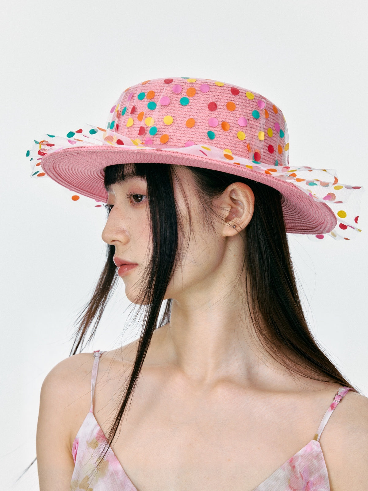 Pink Polka Dot Mesh Sun Hat product view