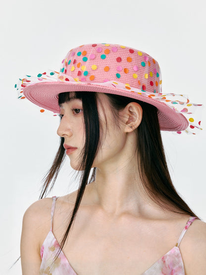 Pink Polka Dot Mesh Sun Hat product view