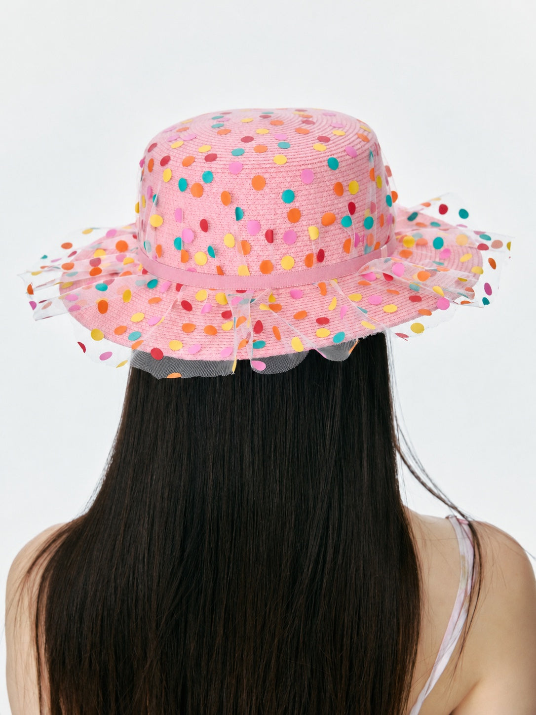 Pink Polka Dot Mesh Sun Hat product view
