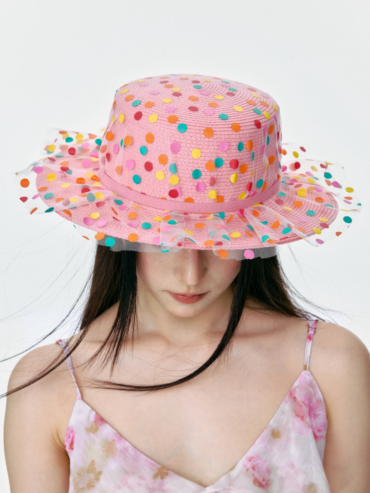 Pink Polka Dot Mesh Sun Hat product view