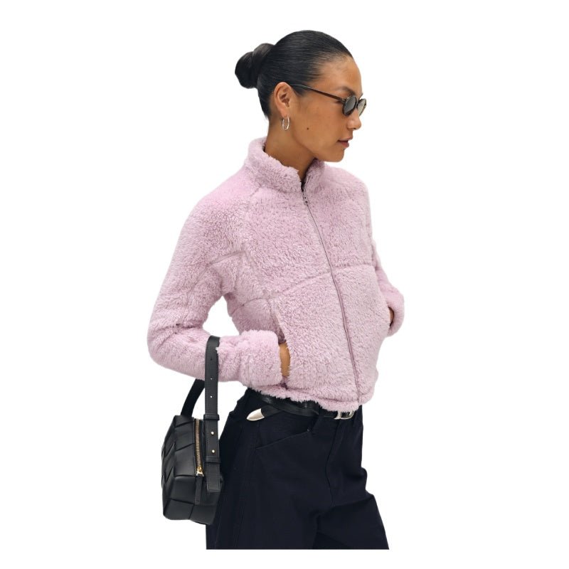 Women's pink short faux shearling jacket - light pink fuzzy coat stand collar cropped winter coat trendy