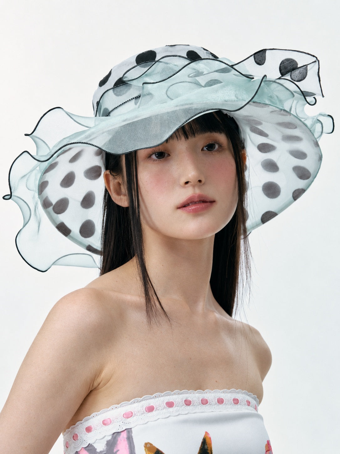Polka Dot Ruffle Mesh Sun Hat product view