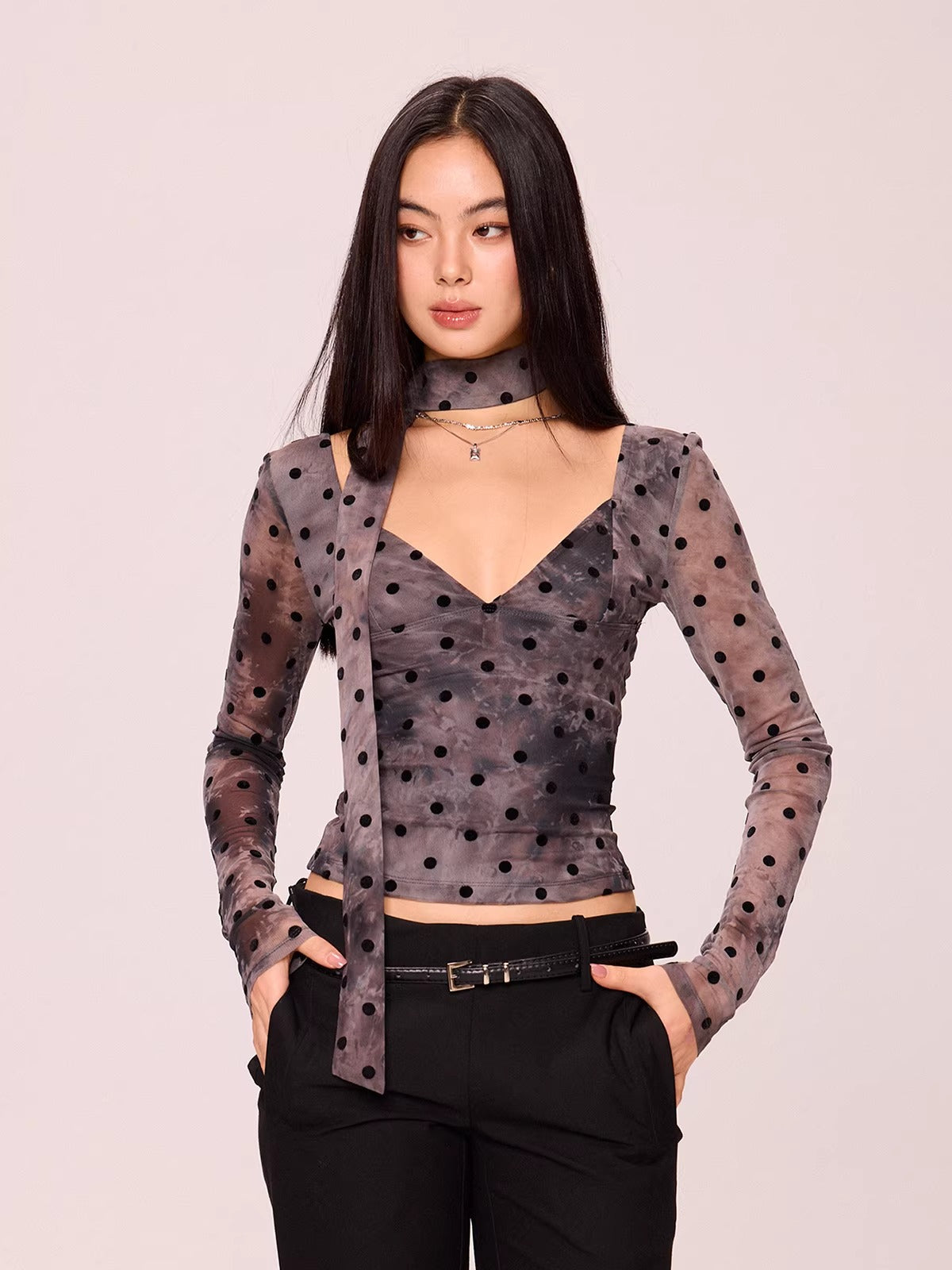 Polka Dot V-Neck Long Sleeve Top