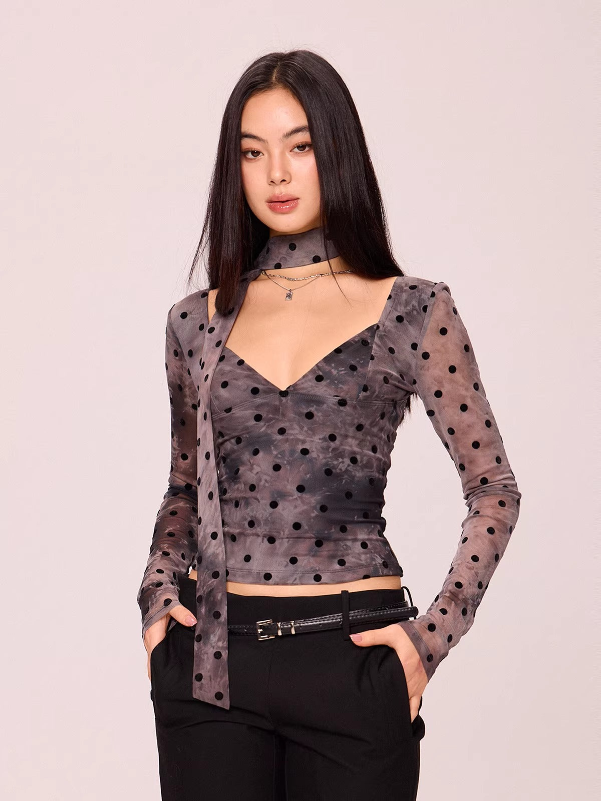 Polka Dot V-Neck Long Sleeve Top