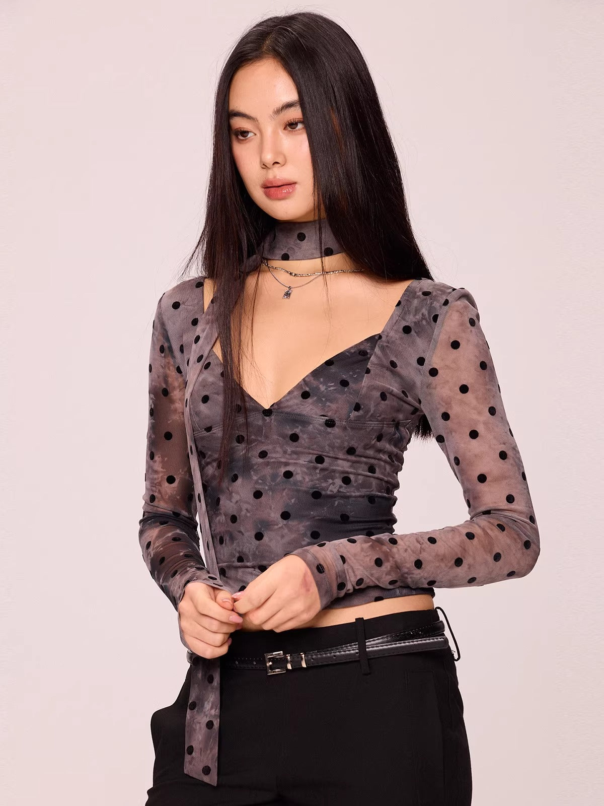 Polka Dot V-Neck Long Sleeve Top