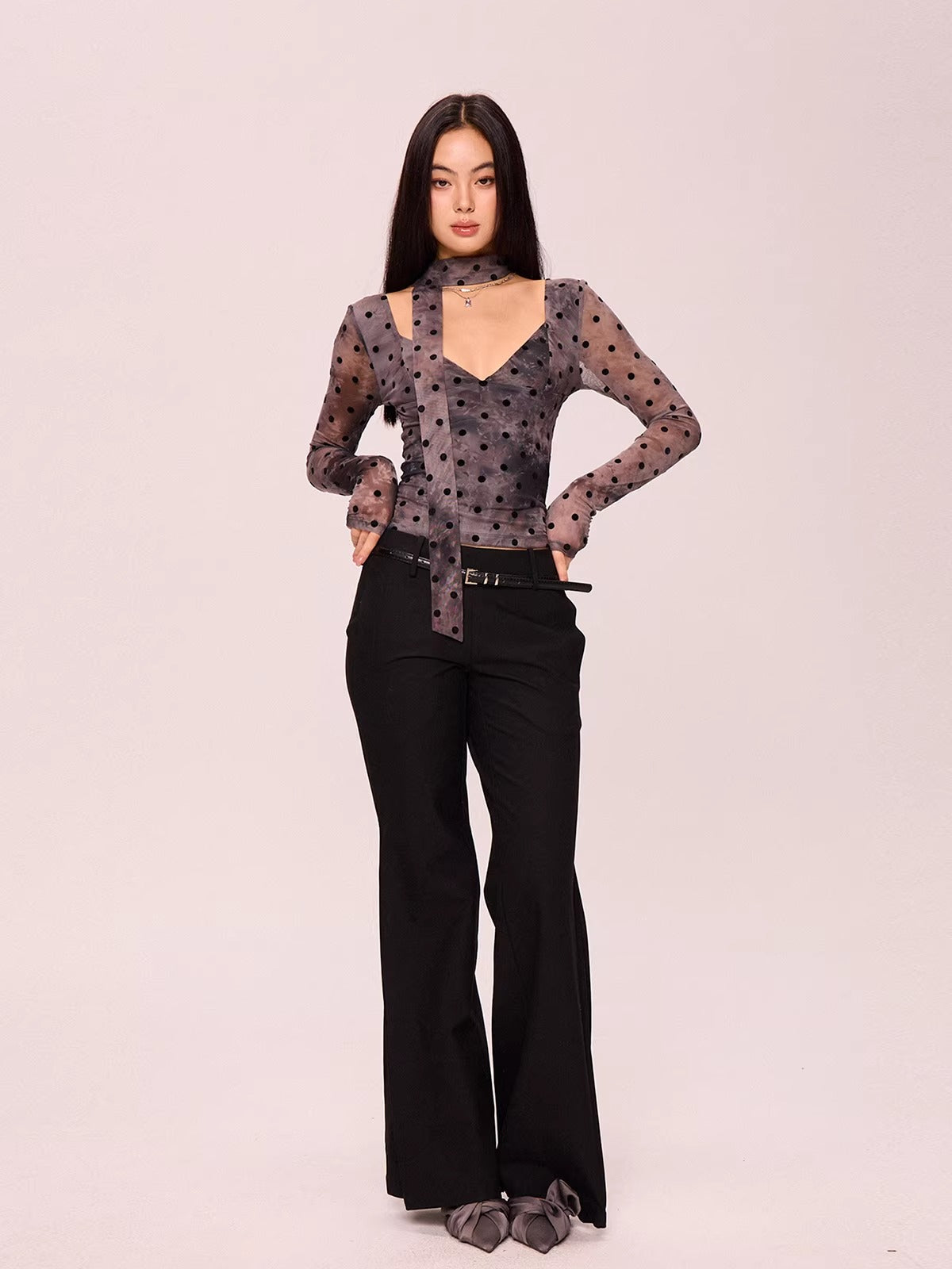 Polka Dot V-Neck Long Sleeve Top