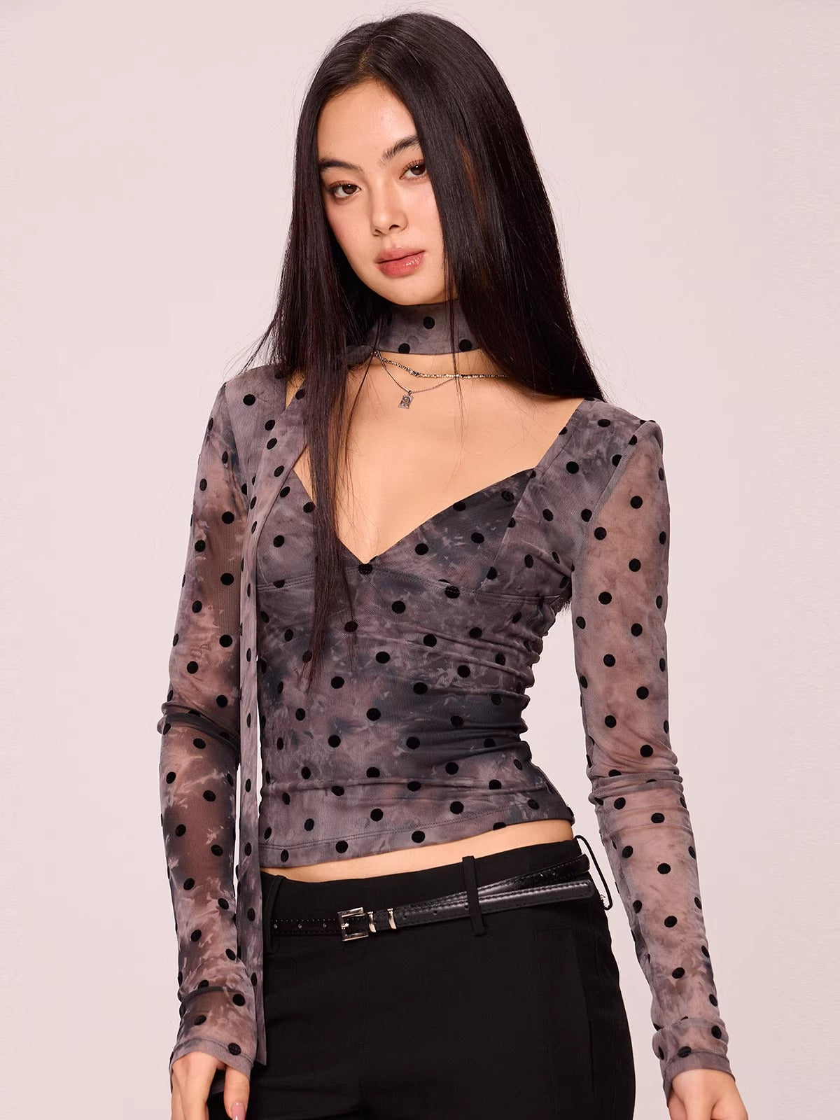 Polka Dot V-Neck Long Sleeve Top