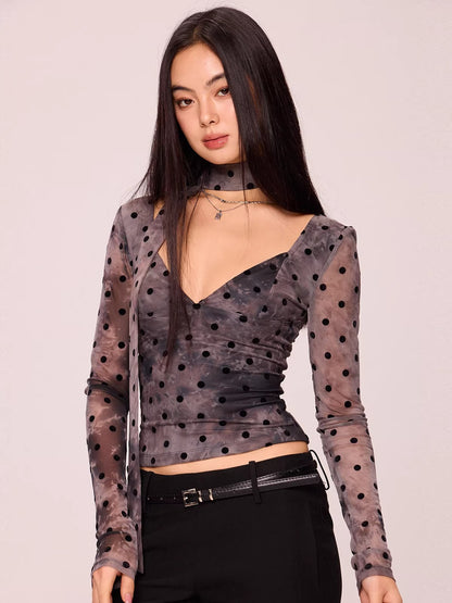 Polka Dot V-Neck Long Sleeve Top