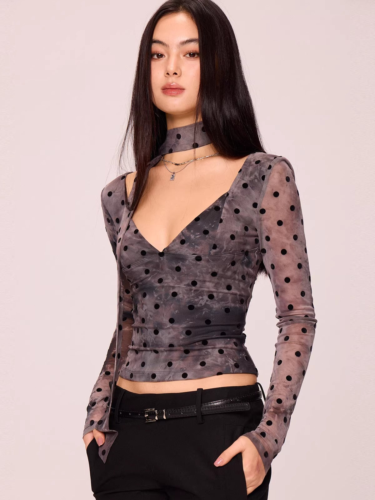Polka Dot V-Neck Long Sleeve Top