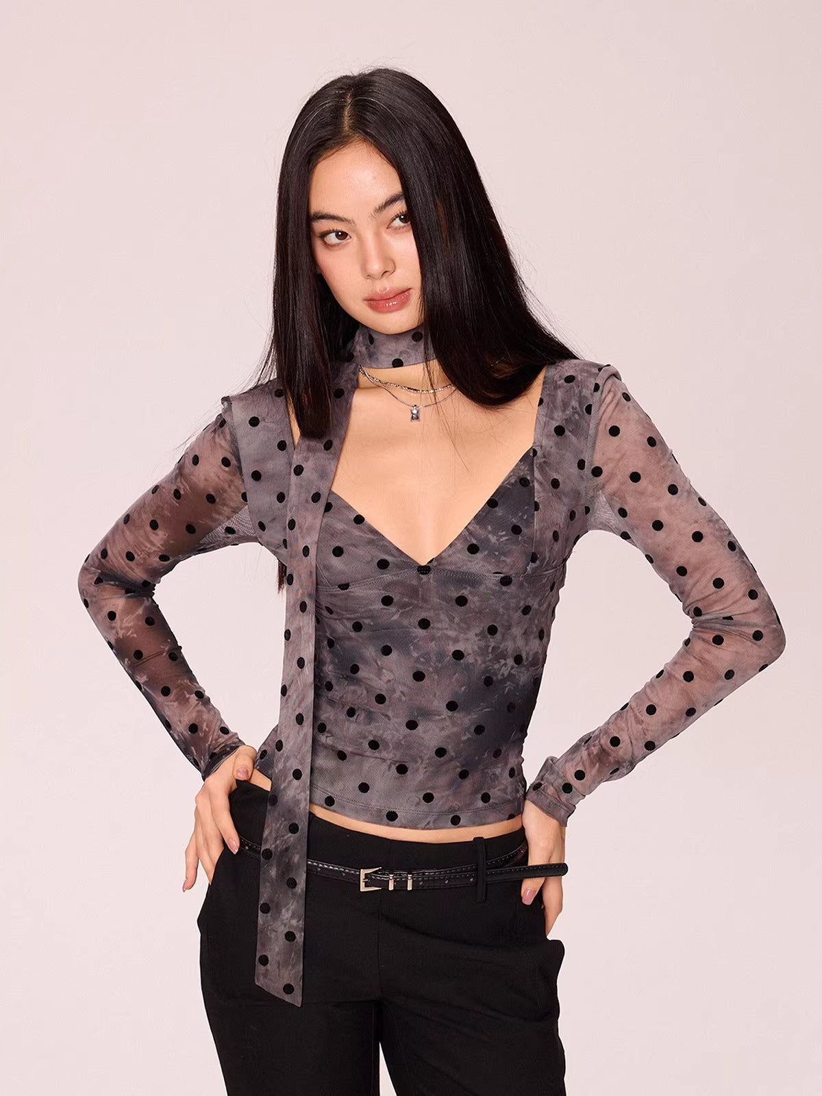 Polka Dot V-Neck Long Sleeve Top