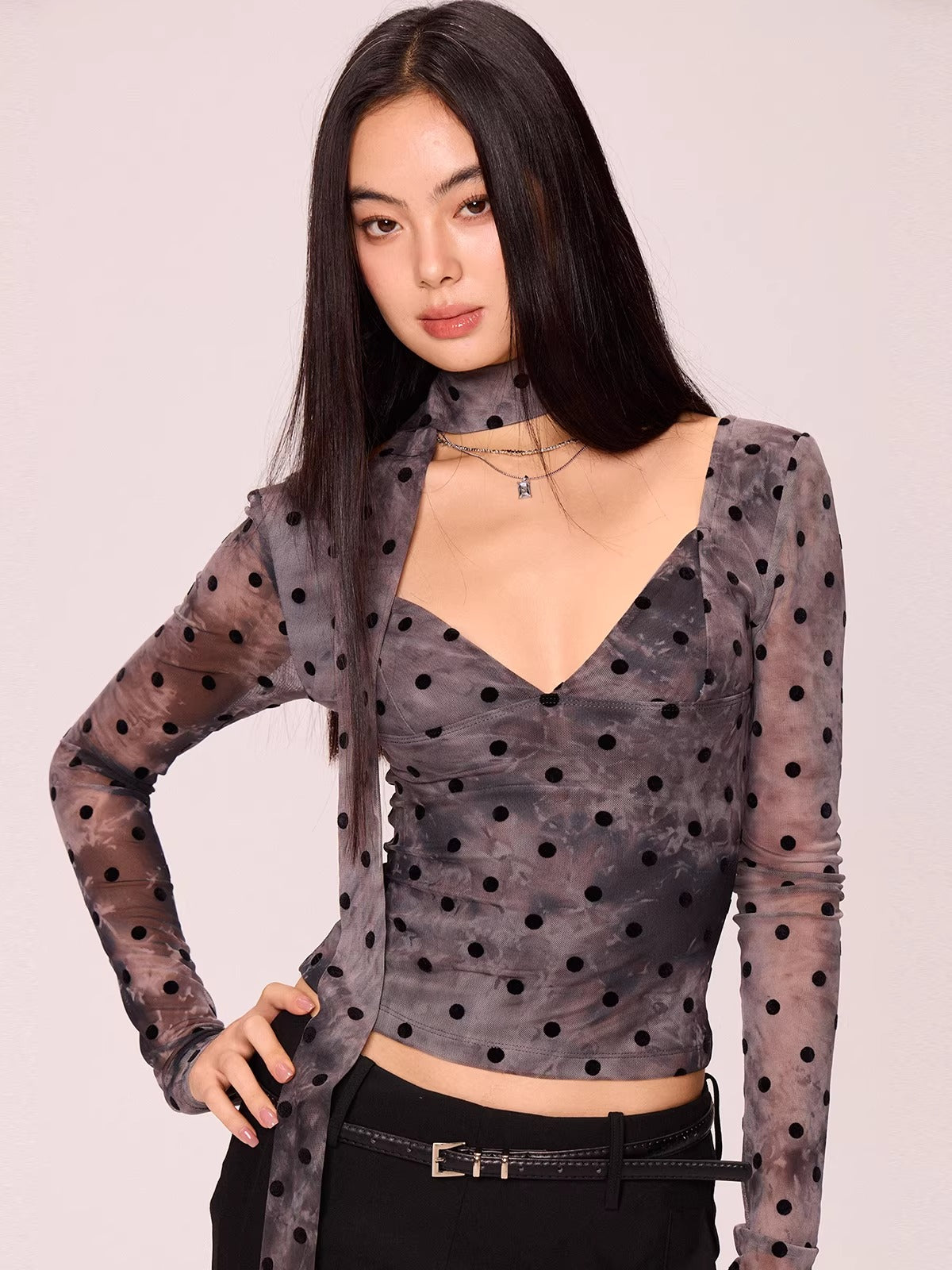 Polka Dot V-Neck Long Sleeve Top