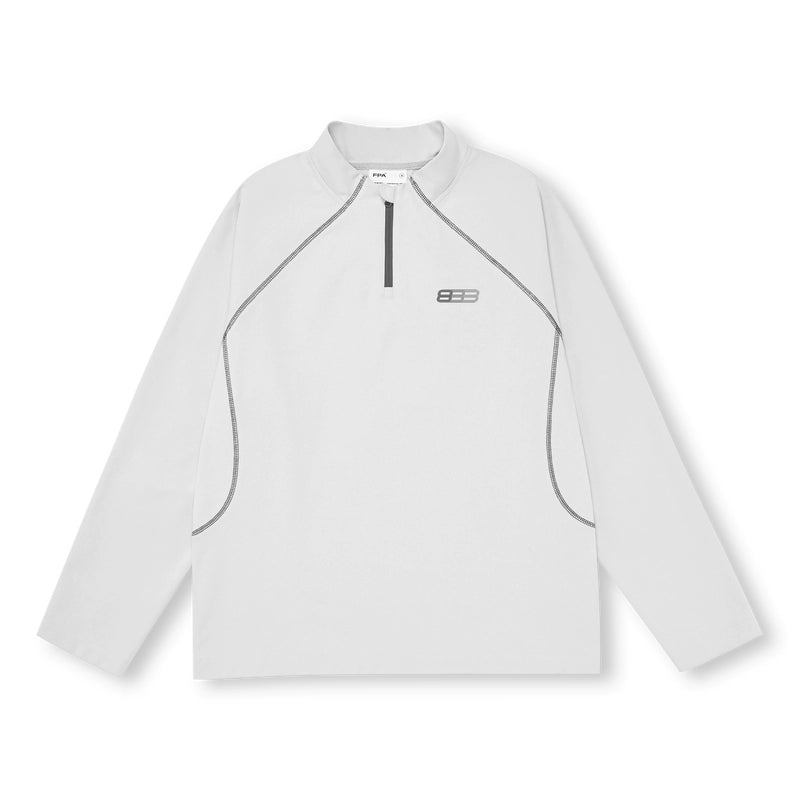 The EastLyst Premium Anti-Pilling Hemp Long Sleeve Tee is a heavyweight, white pullover with gray seams, a short front zipper, and a small logo—durable athletic wear ideal for the gym.