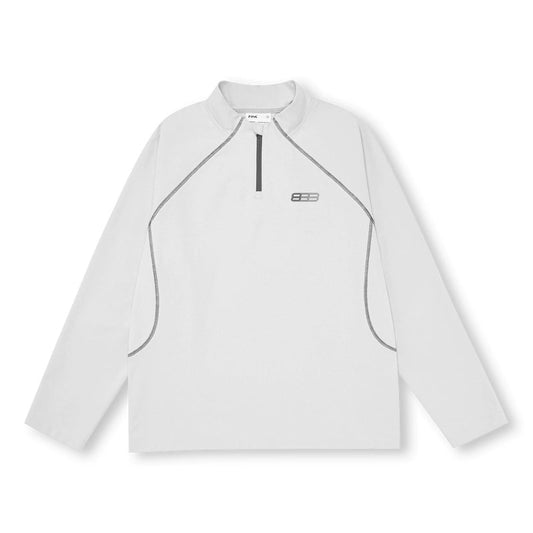 The EastLyst Premium Anti-Pilling Hemp Long Sleeve Tee is a heavyweight, white pullover with gray seams, a short front zipper, and a small logo—durable athletic wear ideal for the gym.