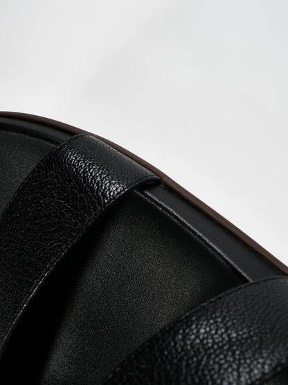 Leather Double-Strap Slide Sandals — black strap and footbed, close-up