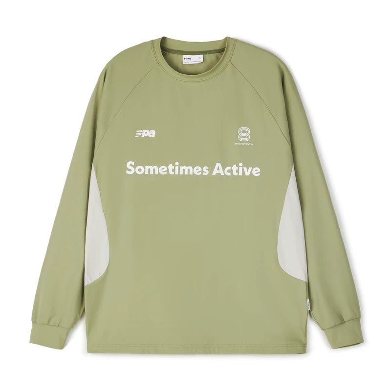 The EastLyst Quick-Dry Color Block Long Sleeve Tee features black side panels, "Sometimes Active" text, small logos, and the number 8 near the collar—a lightweight, breathable shirt perfect for staying cool and comfortable.