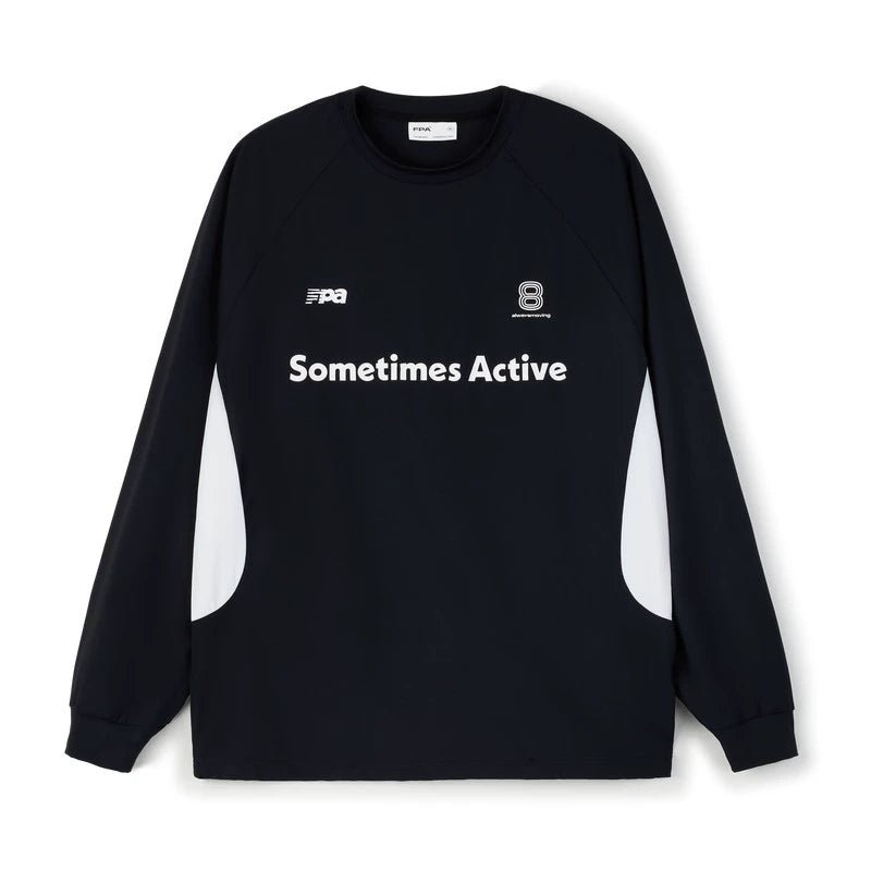 The EastLyst Quick-Dry Color Block Long Sleeve Tee features black side panels, "Sometimes Active" text, small logos, and the number 8 near the collar—a lightweight, breathable shirt perfect for staying cool and comfortable.