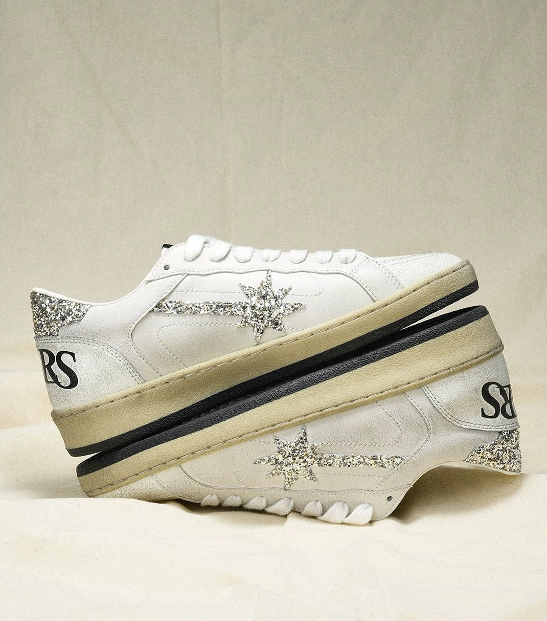 White Glitter Meteor Distressed Sneakers