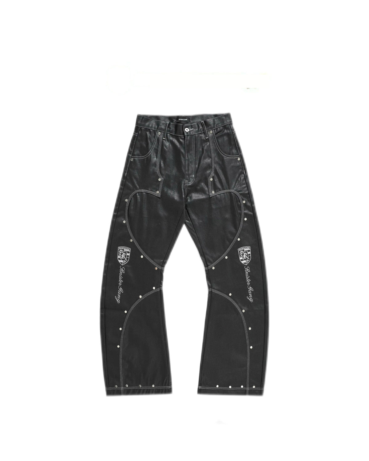 Racing Embroidered Studded Barrel Jeans in Waxed Black, front flat view