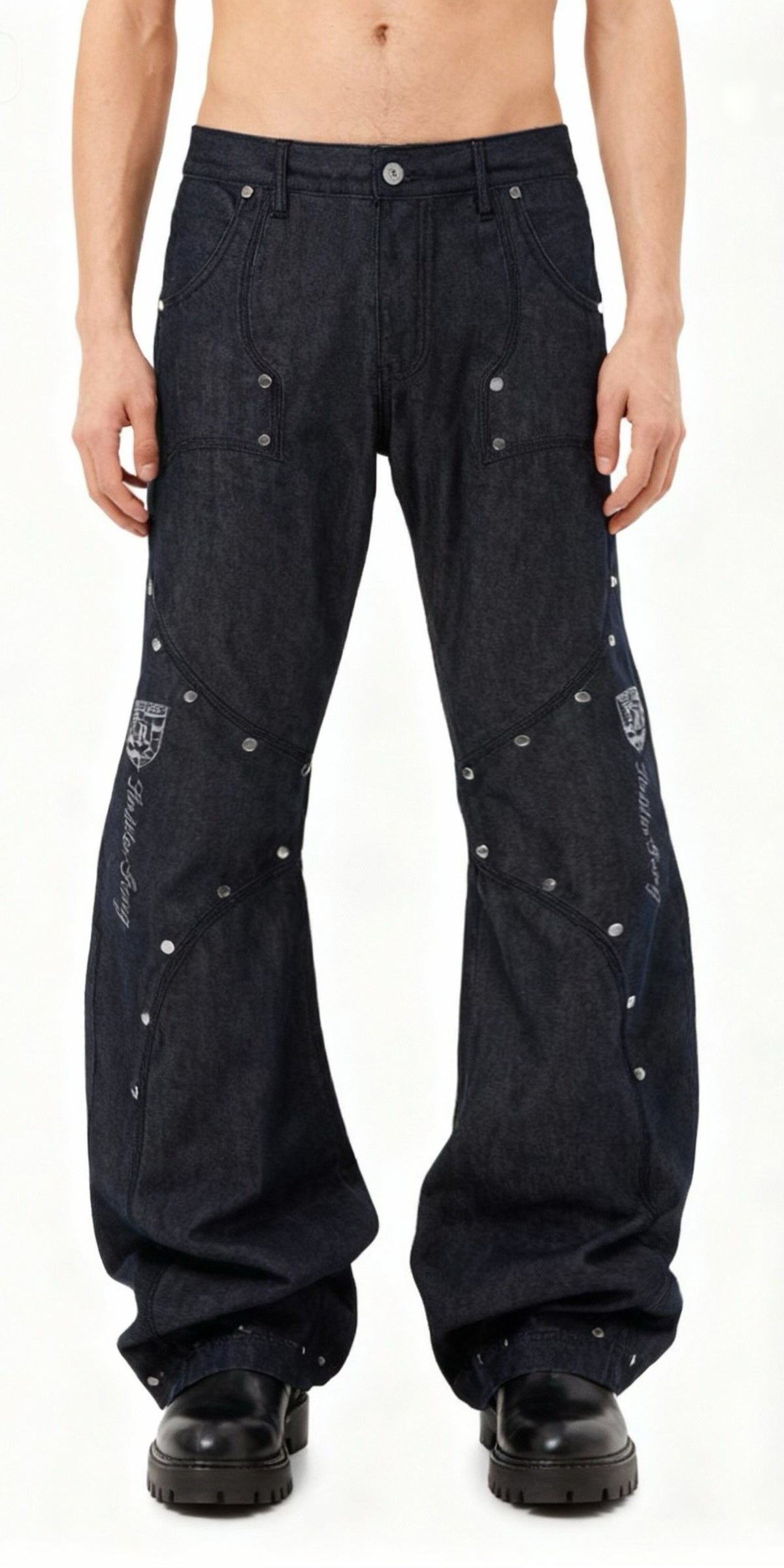 Racing Embroidered Studded Barrel Jeans in Raw Denim, front view on model
