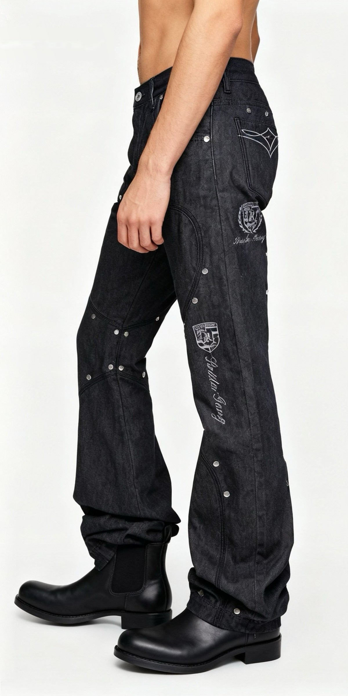 Racing Embroidered Studded Barrel Jeans in Raw Denim, side view on model