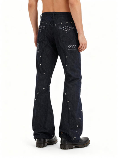 Racing Embroidered Studded Barrel Jeans in Raw Denim, back view on model