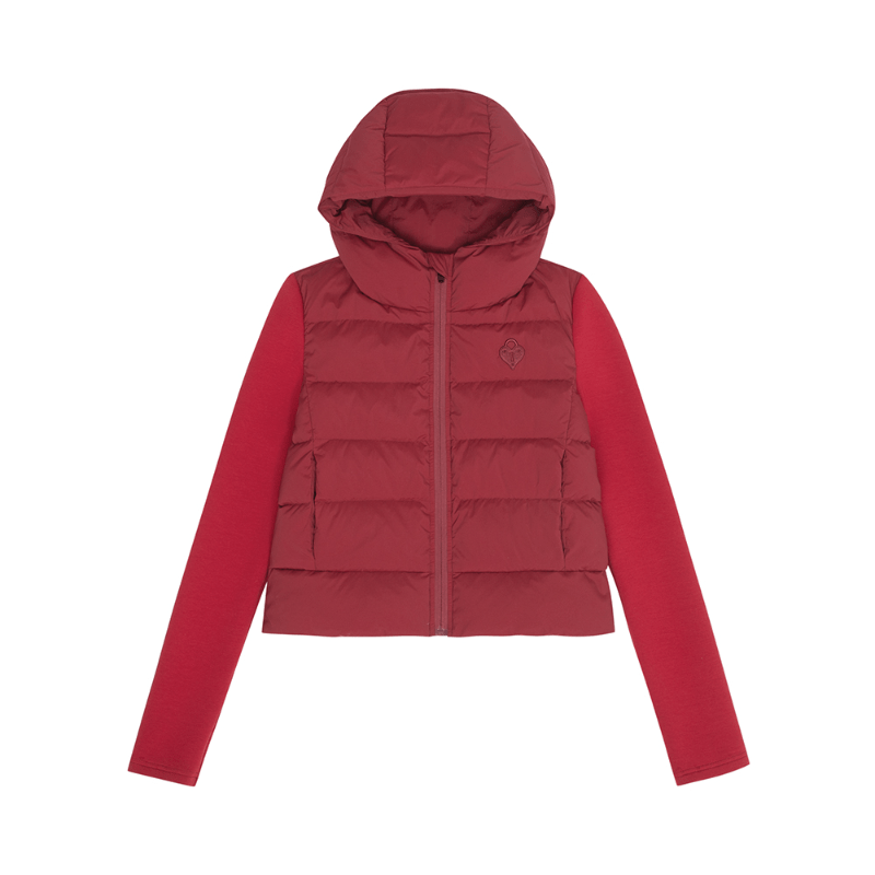 women's red down jacket - knit paneled ultra light hooded puffer winter coat