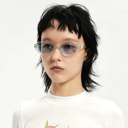 Retro Small-Oval Sunglasses — Model wearing light blue oval sunglasses