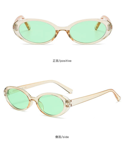 Retro Small-Oval Sunglasses — Pale frame with green lenses shown from front and side