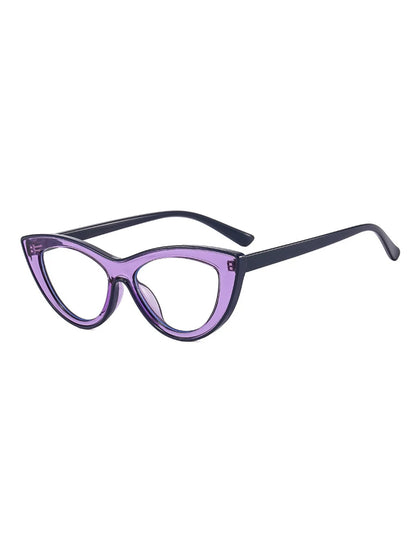 Lunettes œil-de-chat triangulaires rétro — coloris translucide, violet ; détails de la monture et des verres