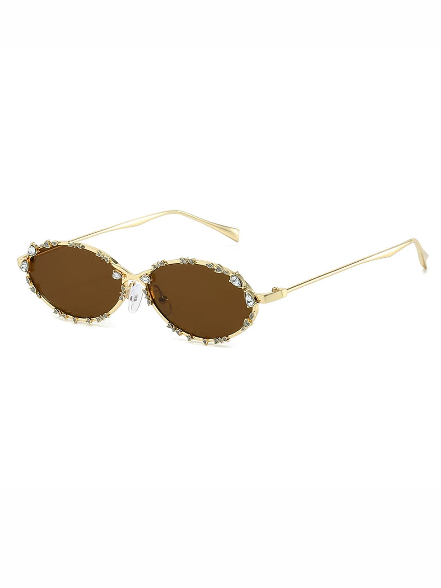 Rhinestone Oval Glasses — Gold-tone rhinestone frame with brown lenses