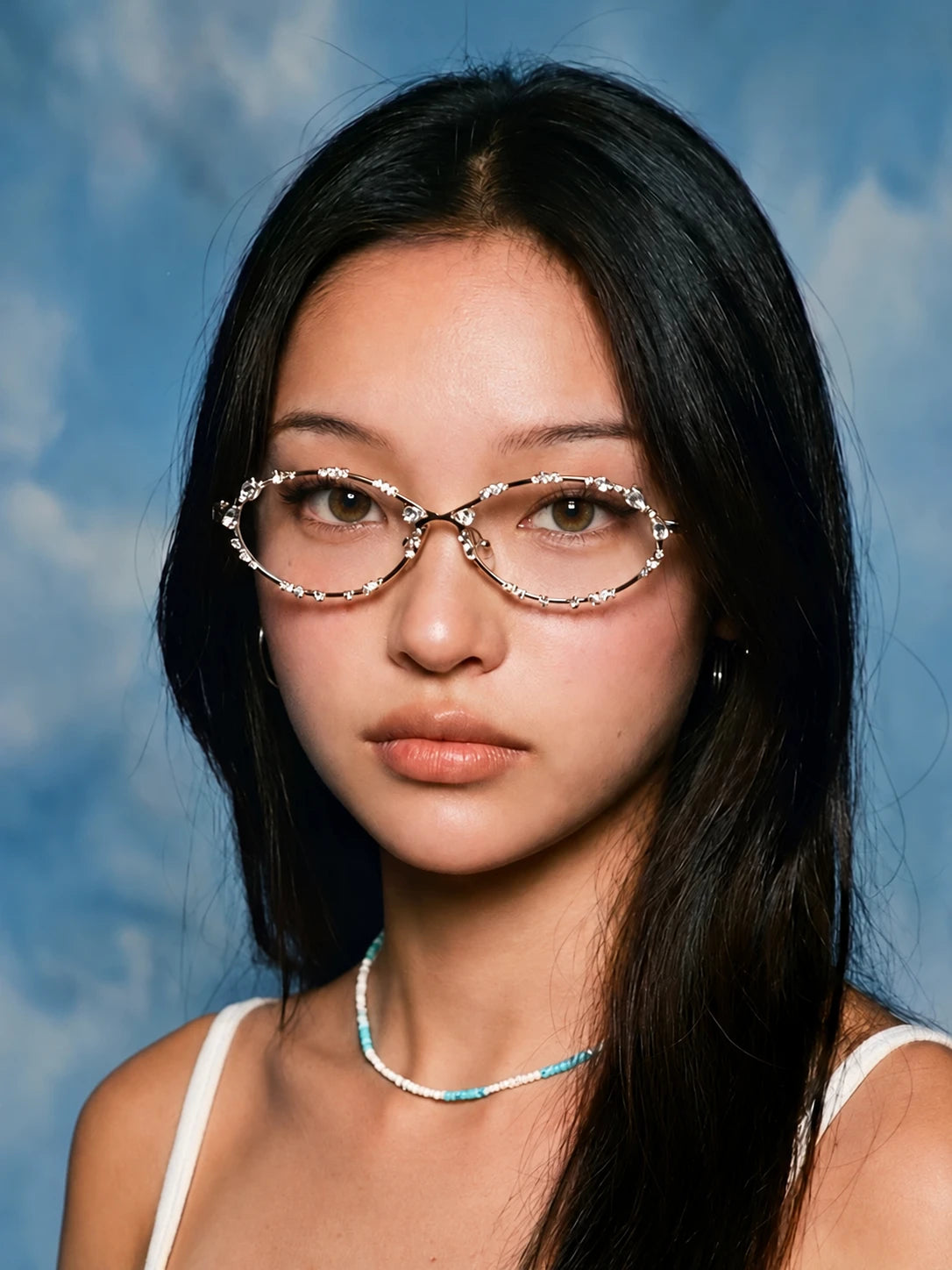 Rhinestone Oval Glasses — Model wearing rhinestone glasses with necklace, front view