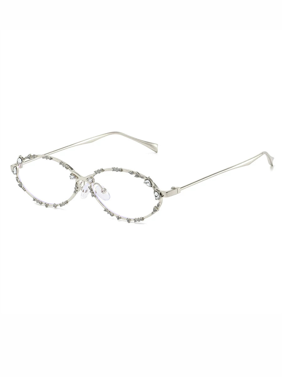 Rhinestone Oval Glasses — Silver-tone rhinestone frame with clear lenses